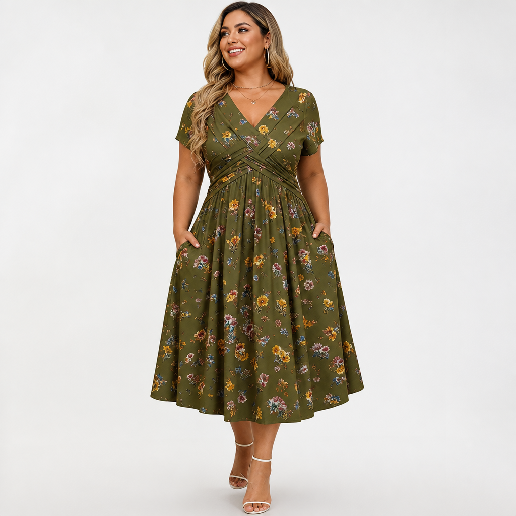 FloraBelle™ — Elegant Floral Print Midi Dress
