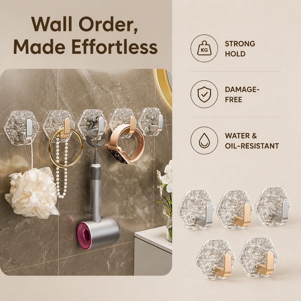HookEase™ No-Drill Wall Hooks 5-Pack — Strong Hold, No Marks