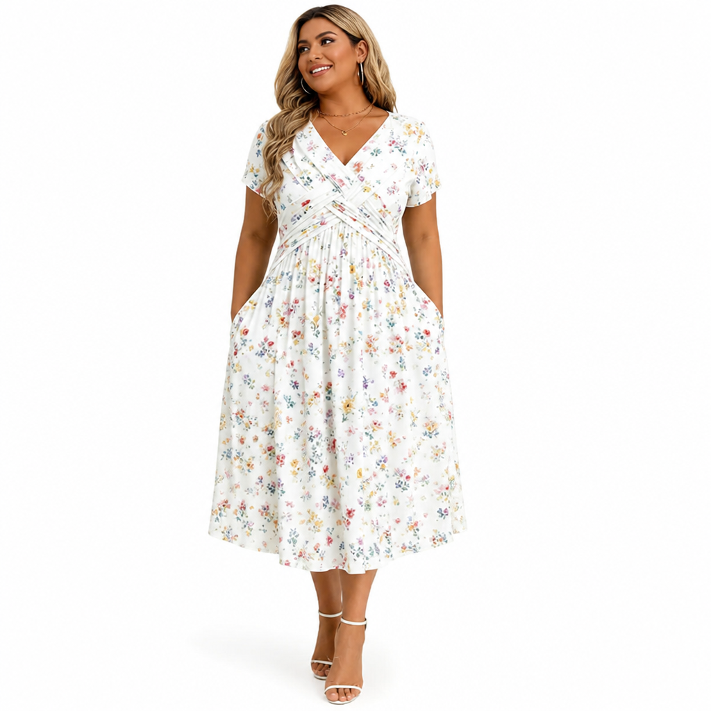 FloraBelle™ — Elegant Floral Print Midi Dress
