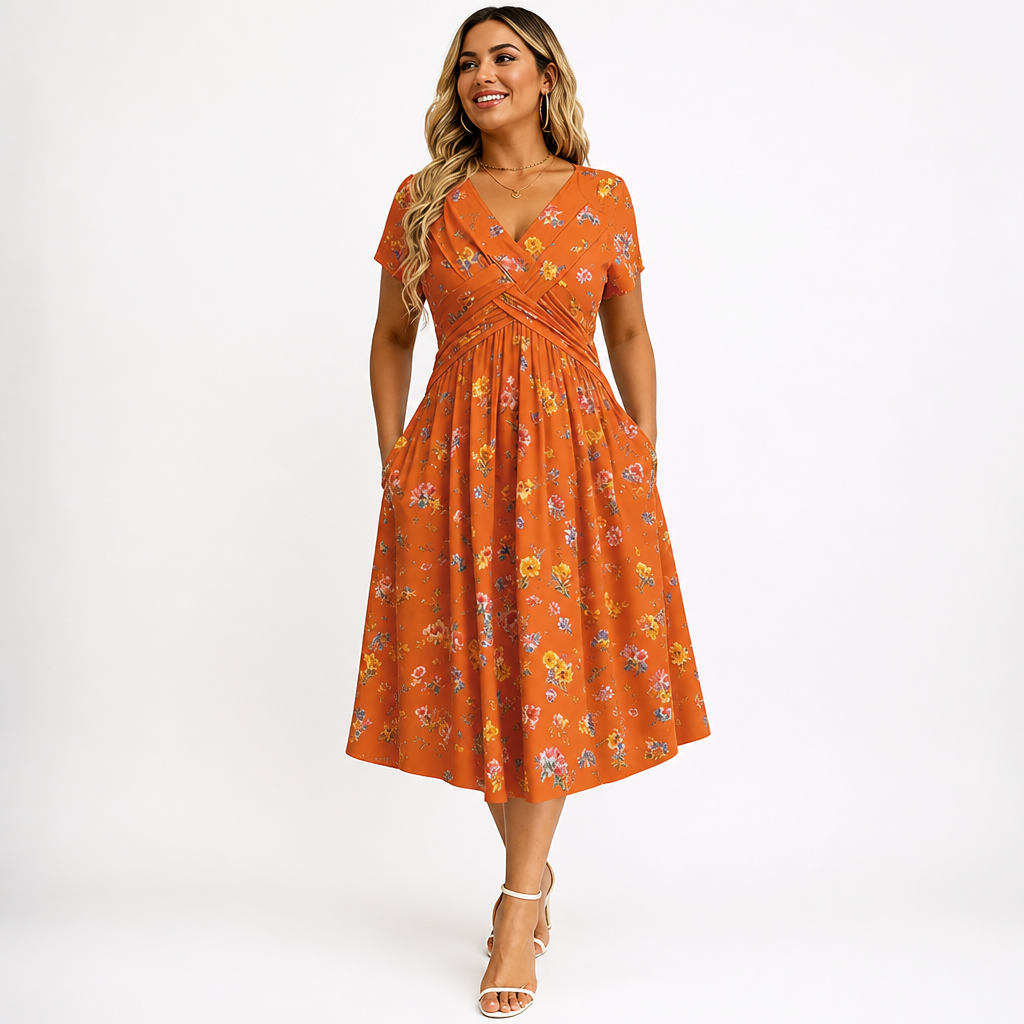 FloraBelle™ — Elegant Floral Print Midi Dress
