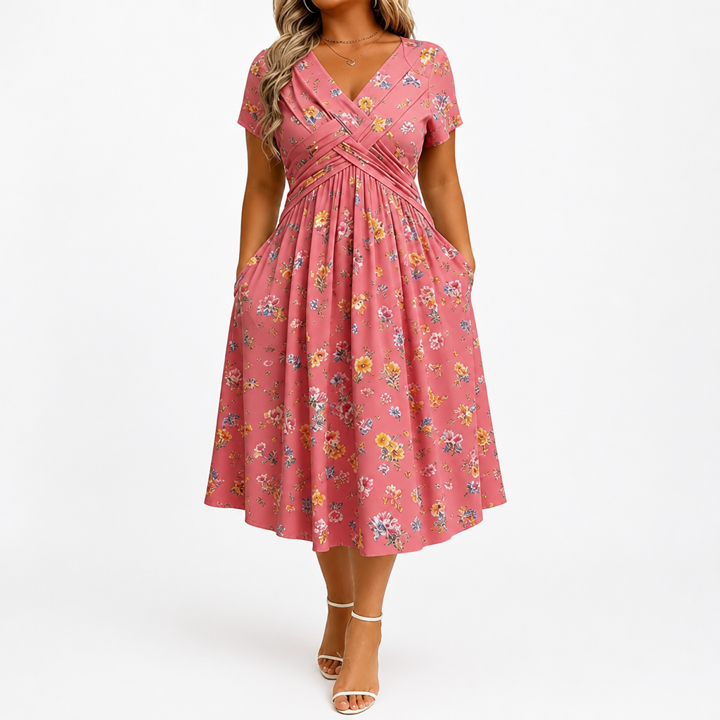 FloraBelle™ — Elegant Floral Print Midi Dress