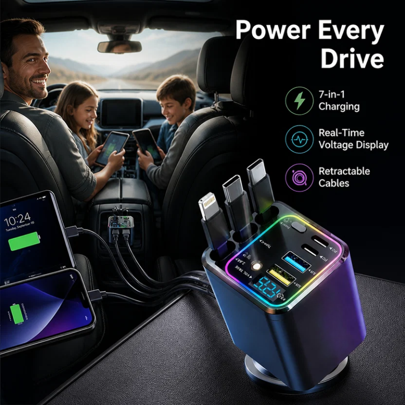 ChargeCoil™ 7-in-1 Retractable Car Charger — Power Every Device