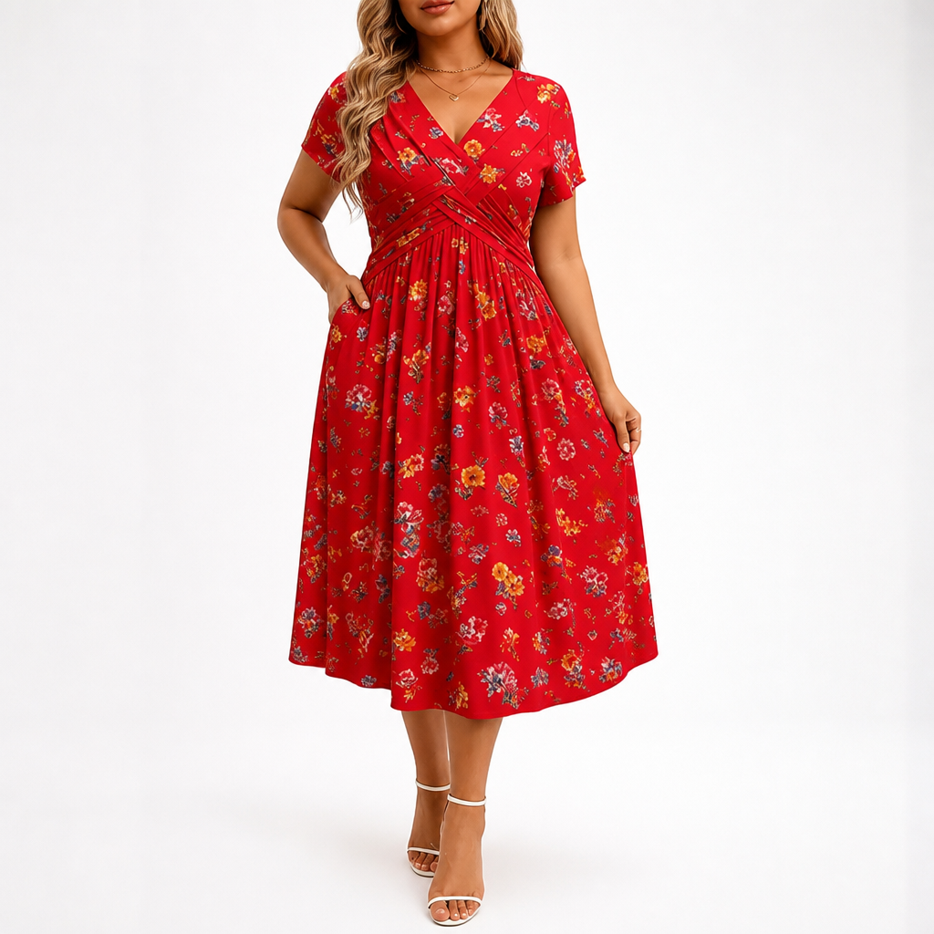 FloraBelle™ — Elegant Floral Print Midi Dress